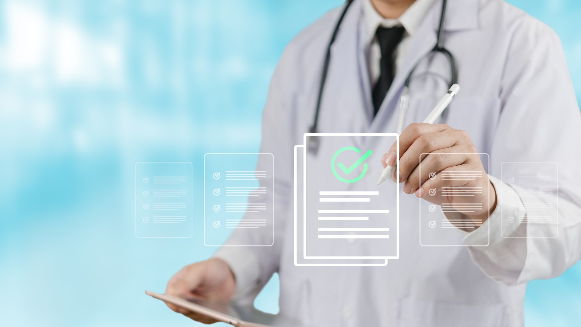 A health care professional working medical checklist to verify patient records. technology in hospitals and clinics for health evaluations. Checklist surveys, check boxes, and medicine management