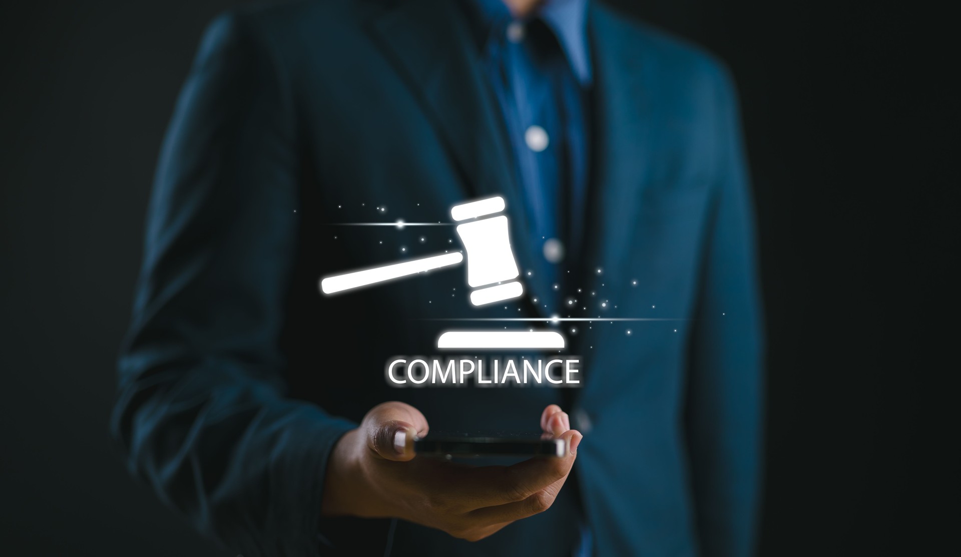 Compliance rules and law regulation policy concept. Person holding compliance icon on virtual screen.